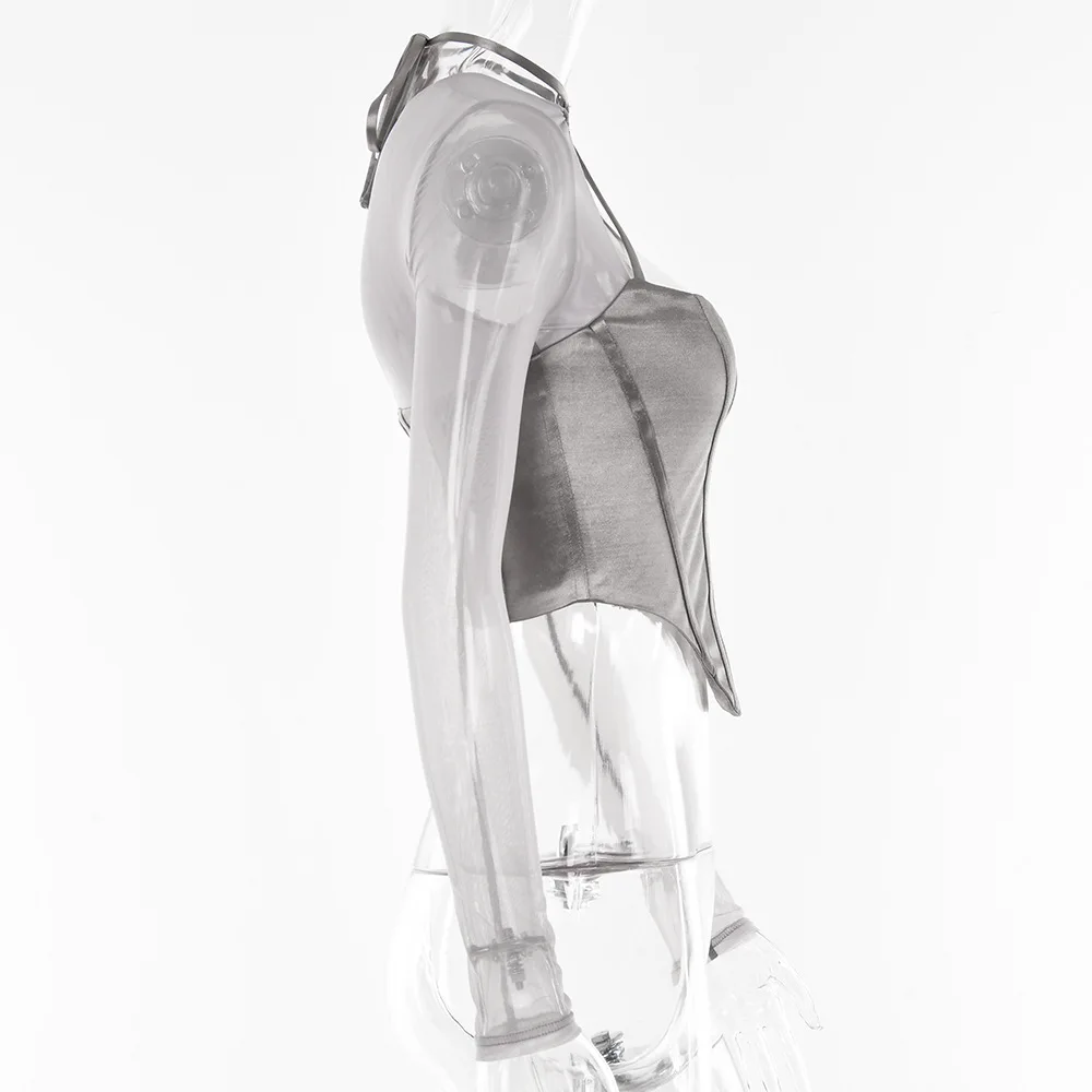 Asymmetrical See Through Sexy Women Clothes Solid Sheer Grey Elegant Corset Tops Club Mesh Outfits Long Sleeve Streetwear