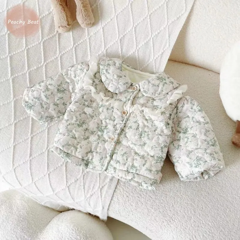 

Newborn Baby Girl Princess Lapel Flower Cotton Jacket Ruffled Infant Toddler Child Winter Coat Thick Warm Baby Clothes 12M-7Y