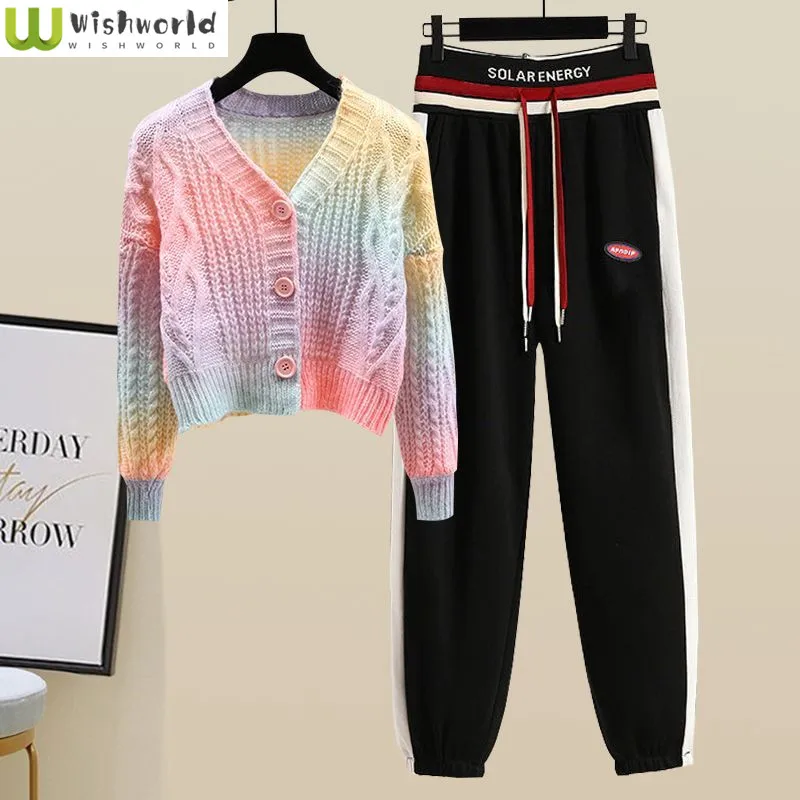 Korean Popular Spring New Gradient Knitted Sweater Cardigan Striped Casual Pants Two-piece Elegant Women's Pants Set Outfit