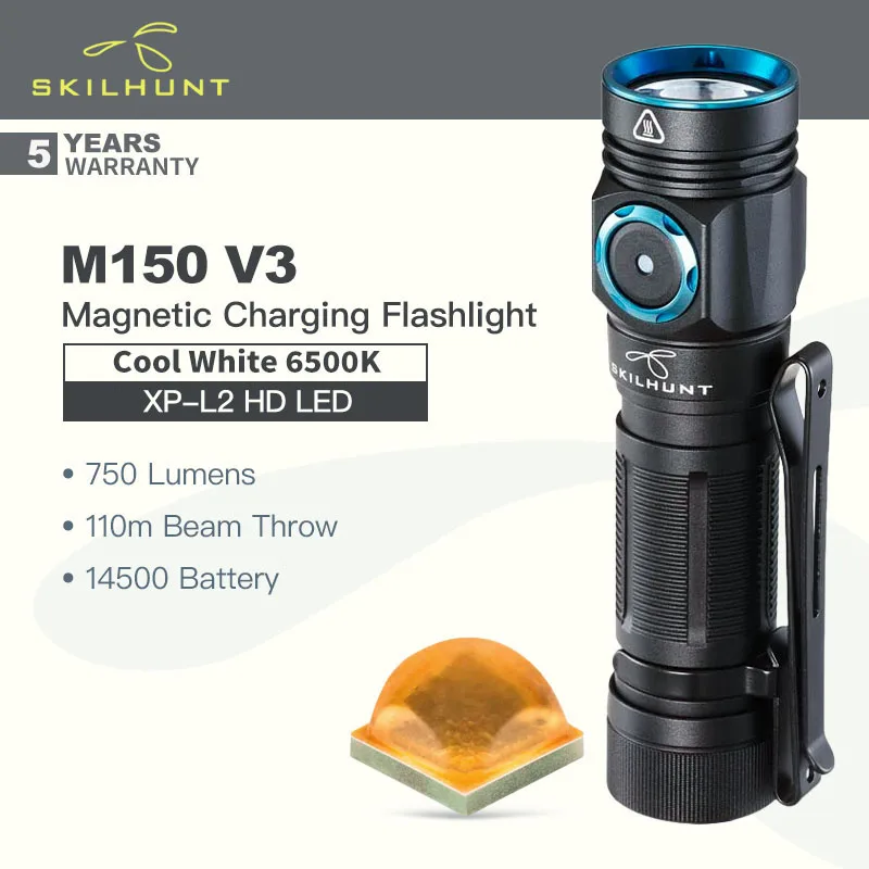

SKILHUNT M150 V3 (Cool White Version, 6500K) Magnetic Rechargeable EDC Flashlight, XP-L2 LED 750 Lumens, with 14500 Battery