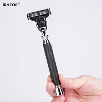 iRAZOR Men's Manual Shaving Razor Black Textured Non-Slip Handle Compatible with Mach 3 Blade Cartridge for Smooth Shave