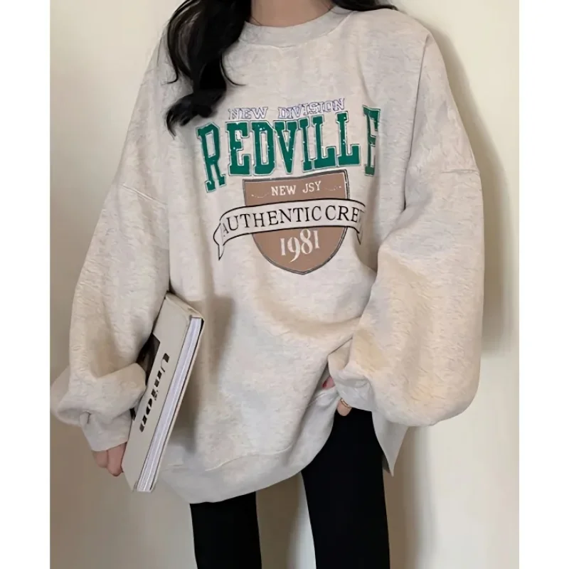 

White Grey Crew Baggy Sweatshirt Women's Fleece Thicken Fashion Love Letter Printing Street Lazy Wind Long Sleeves Pullover Top