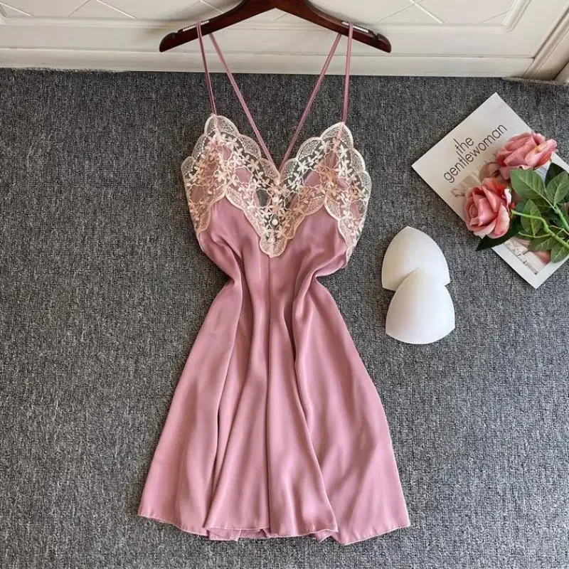 

Sexy Suspender Nightgown V-Neck Lady Short Satin Sleep Dress Backless Home Dressing Gown Casual Sleepwear Lace Nightdress