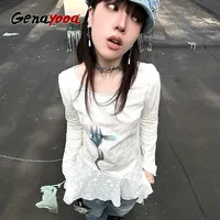 Genayooa Y2k Print T Shirt Women Chic White Irregual Graphic Tops 2000s Japanese Fairycore Vintage Tshirts Retro Grunge Tops Tee 1
