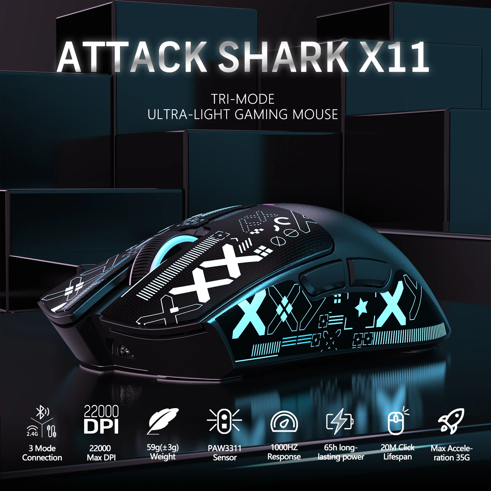 Wireless Gaming Mouse ATTACK SHARK X11 with Charging Dock PixArt PAW3311 Gaming Sensor BT/2.4G Wireless/Wired