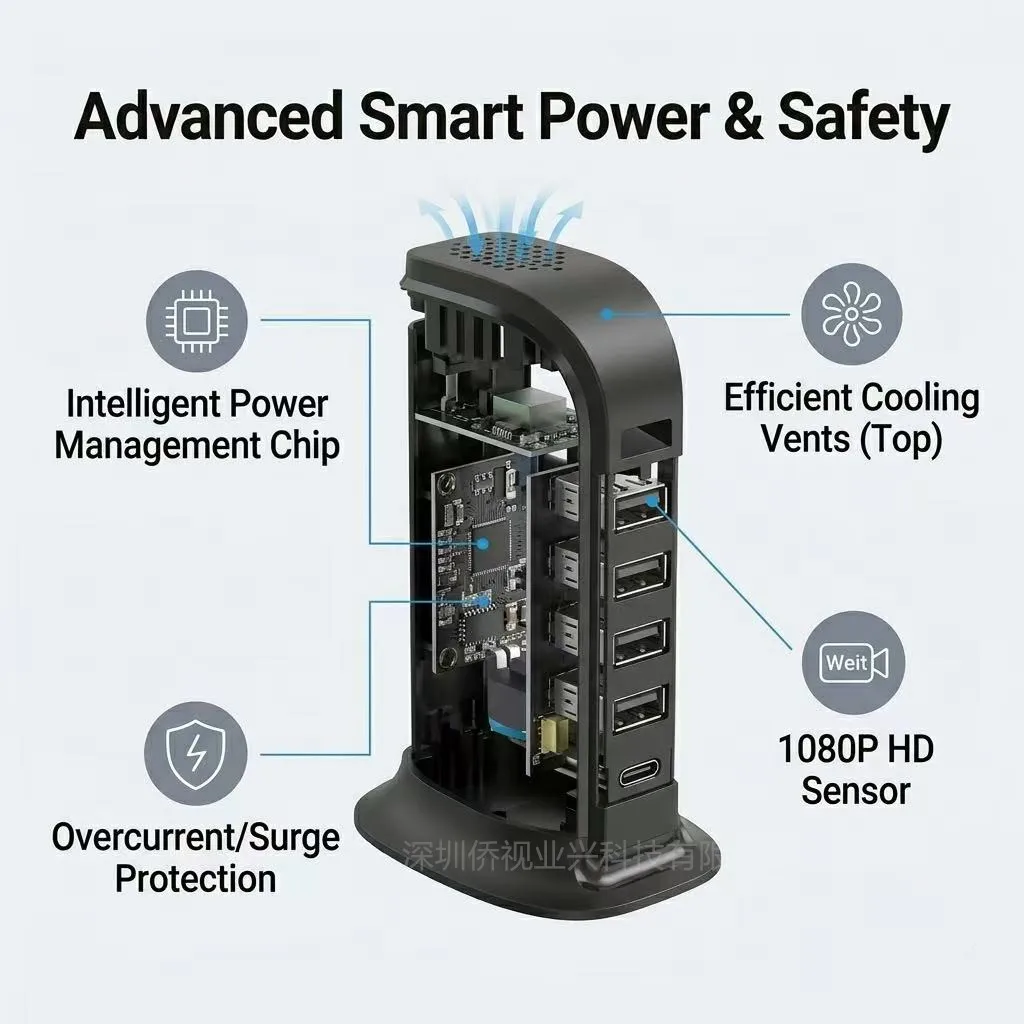 5-Port USB Desktop Charging Station with WiFi Security Monitor, Multi-Device Power Hub, HD 1080P Smart Home Camera & App Remote 5
