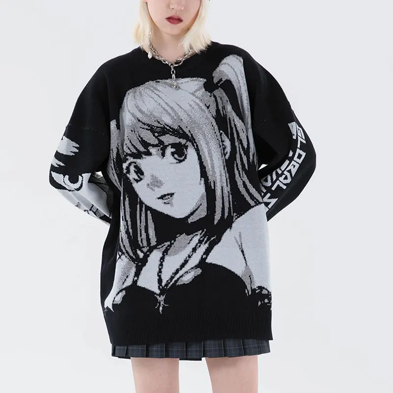 Manga Muse Knit Sweater – Monochrome Anime-Inspired Oversized Pullover