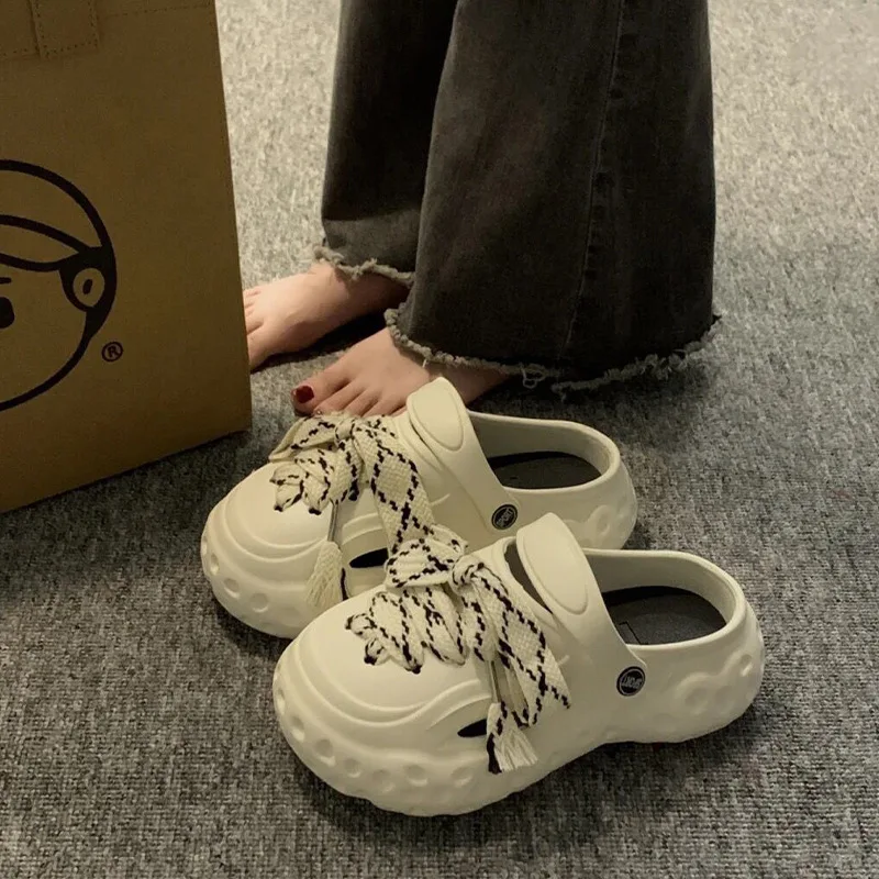 

Women Summer Lace-up Slippers New Fashion Outdoor Slides Feamle Street Slippers Thick Sole Cute Bow Summer Platform Sandal