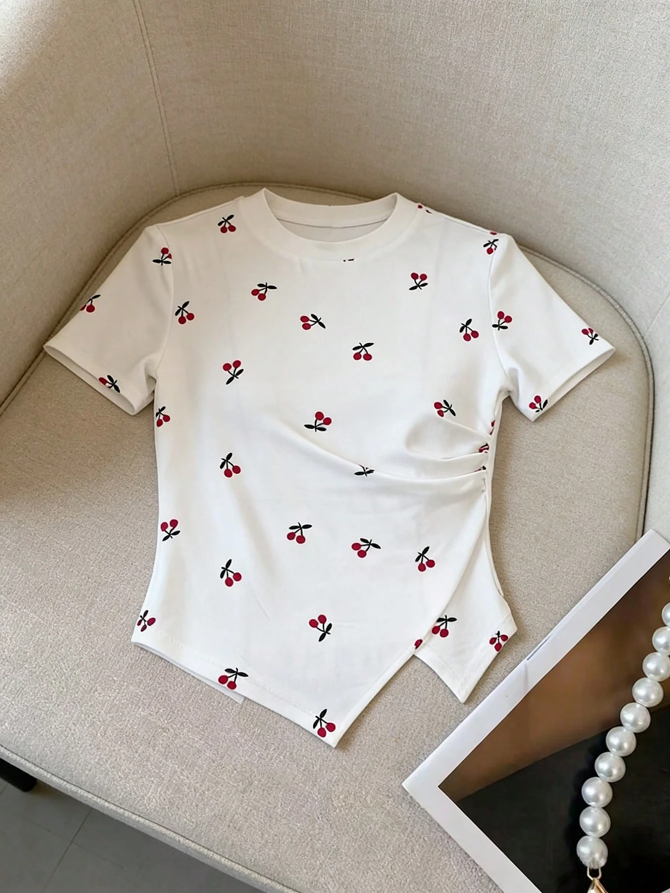 Ladies Spring Summer Casual Cherry Print Short Sleeve T-Shirt Asymmetrical Hem Base Shirt Bottoming Top 4