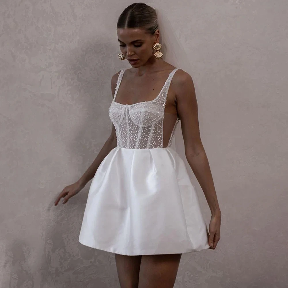 Eightale Short Wedding Gowns Spaghetti Strap Customized Beading Wedding Party Dress with Pockets Backless Satin Mini Bridal Gown 3