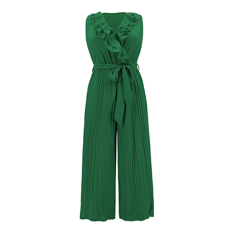 

Elegant Ruffle Lace Pleated Jumpsuit for Women 2023 Summer New Sexy Sleeveless Vest Wide Legs Casual Office Pants Black Romper