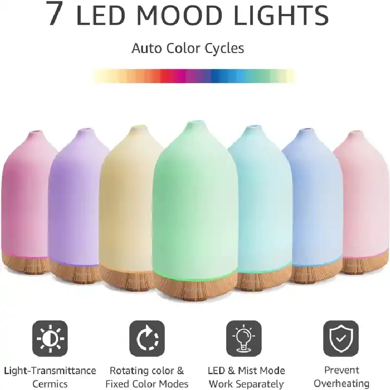 Diffuseur d'huiles essentielles ultrasonique à brume froide en céramique avec humidificateur à 7 LED pour aromathérapie_voghion.com
