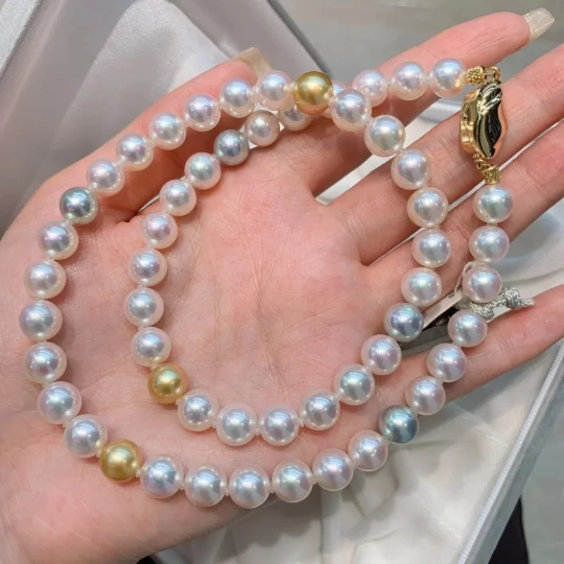 

925 Silver Clasp Necklace for Women 10-11mm Round Sea White Golden Mix-Color Senior Fashion Fine Anniversary Jewelry Gifts