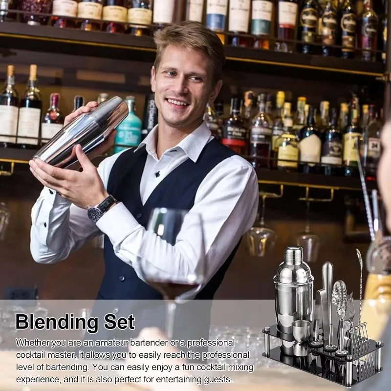 Professional Bar Tool Set Stainless Steel Cocktail Shaker Set Acrylic Stand Bartender Essential Tool for Bar Party Home Use