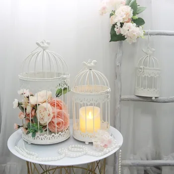 Iron Metal Bird Cage White Decoration Hanging Flower Pot Succulent Wedding Candle Holder Jewelry