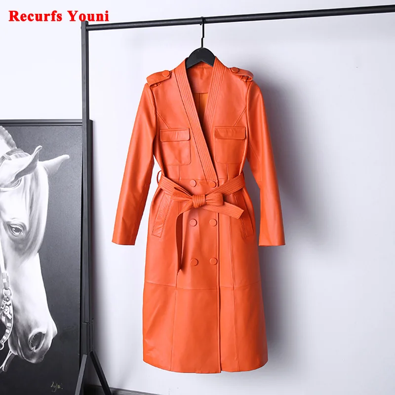 Leather Trench Coat for Women 2022 Orange V-neck Double Breasted Belt Lace Up Slim Warm Long Windbreaker Manteau Femme Hiver