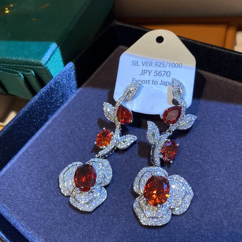 Charm Flower Lab Ruby Diamond Dangle Earring 925 Sterling Silver Jewelry Engagement Wedding Drop Earrings for Women Gift