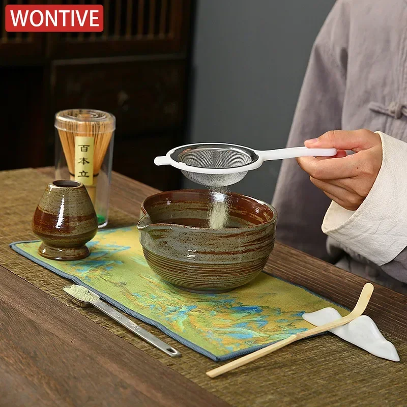 Matcha Tea Set Matcha Tea Tools Tea Ceremony Tools Coarse pottery Tea Brush Stand Matcha Bowl Set Song Japanese Matcha Tools Tea Spotting Instruments Ceremony Accessories