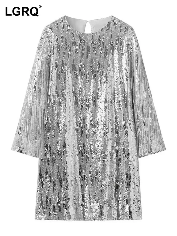 

LGRQ 2024 весеннее Новое Элегантное Оригинальное повседневное платье с украшением из блесток и бахромой женское темпераментное роскошное платье с круглым вырезом 19Z2548