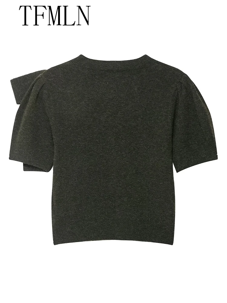 TFMLN 2025 Autumn Women Solid Bow Knitted Sweaters Fashion O-neck Short Sleeve Pullover Tops Sweet Girls Chic Causal Knitwear