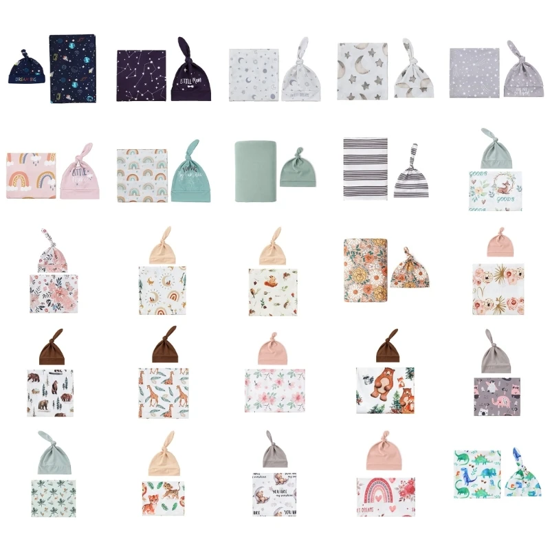 Cartoon Print Newborn Baby Swaddles Towel Receiving Blanket with Beanie Hat Babies Photography Props Infant Accessories