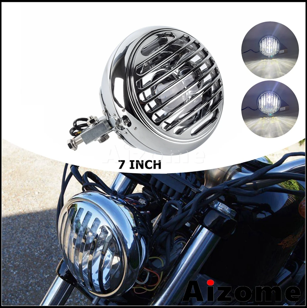 

7 inch LED Headlight Motorcycle Steel Grill Headlamp High Low Beam Vintage Head Light For Harley Softail Sportster Dyna Touring