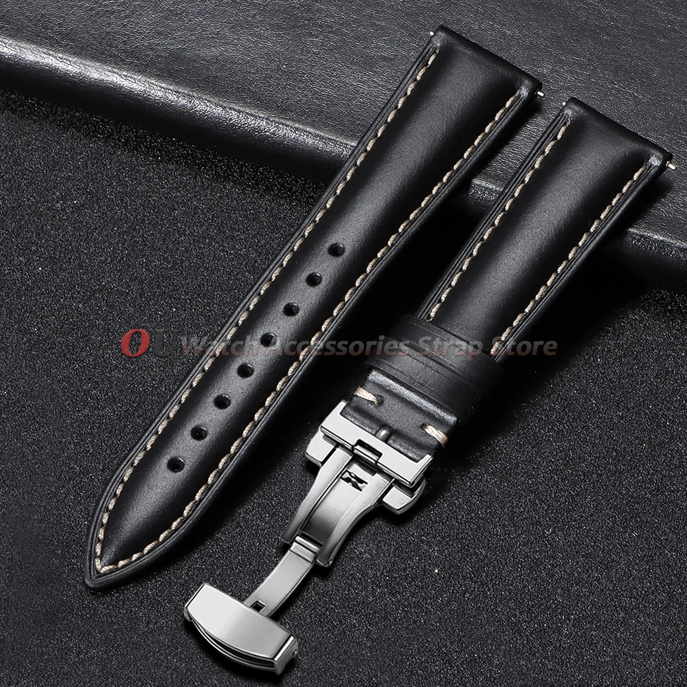 Vintage Oil Wax Leather Watch Band with Butterfly Buckle and Quick Release