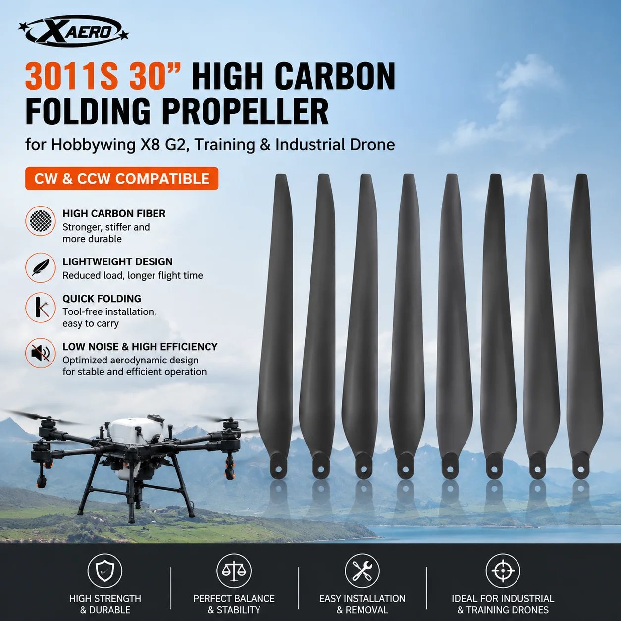 XAERO 3011S 30 Zoll Hochkarbon-Faltpropeller für Hobbywing X8 G2, Landwirtschaftsdrohne CW CCW