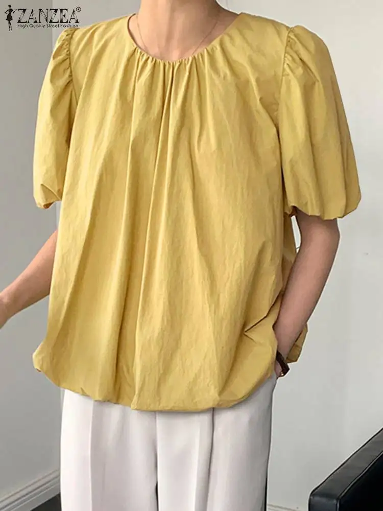 

Лето 2023, модная женская Повседневная Праздничная блузка ZANZEA, однотонная свободная туника, женские блузки, блузка с пышными рукавами