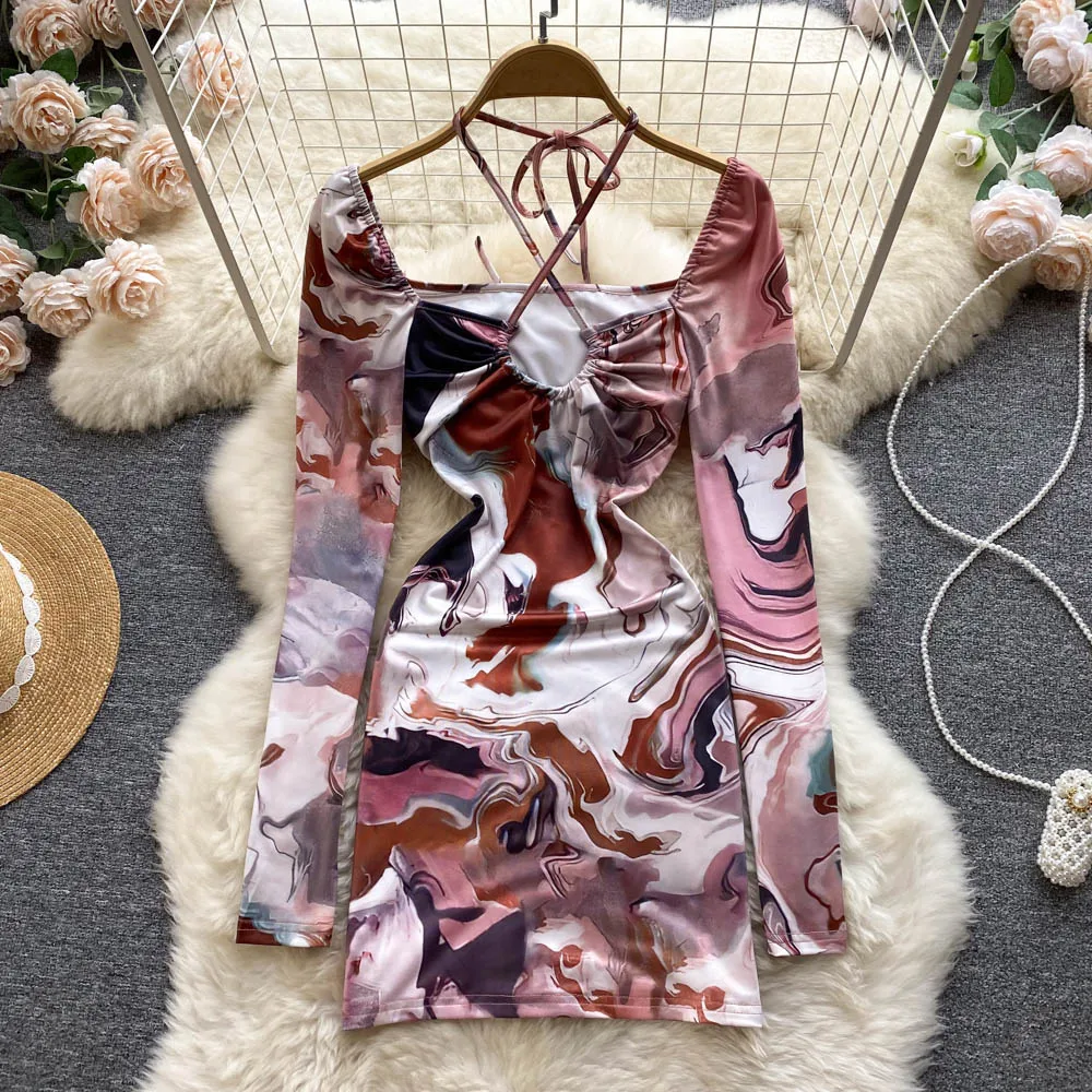 

European and American Style Retro Print Slim Fit and Slim All-match Bag Hip Hanging Neck Strap Long-sleeved Dress Women