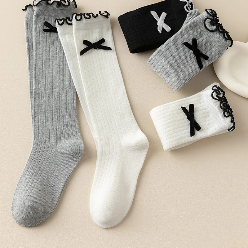 Autumn Children Cotton Stockings Ruffle Korean Bow Knee High Long Frilly Socks for Kids Girls Solid Color Bow School JK Sock