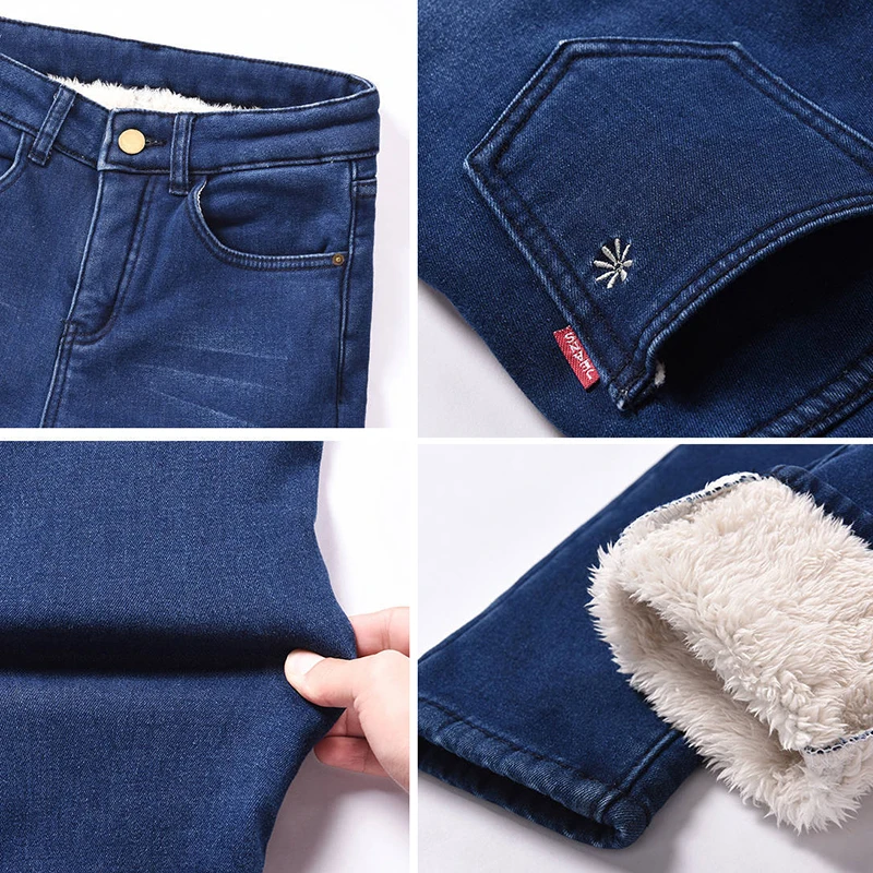 Snow Wear Lambwool Pencil Jeans Women Casual Embroidery Plus Velvet Winter Denim Trousers Warm High Waist Stretch Pantalones