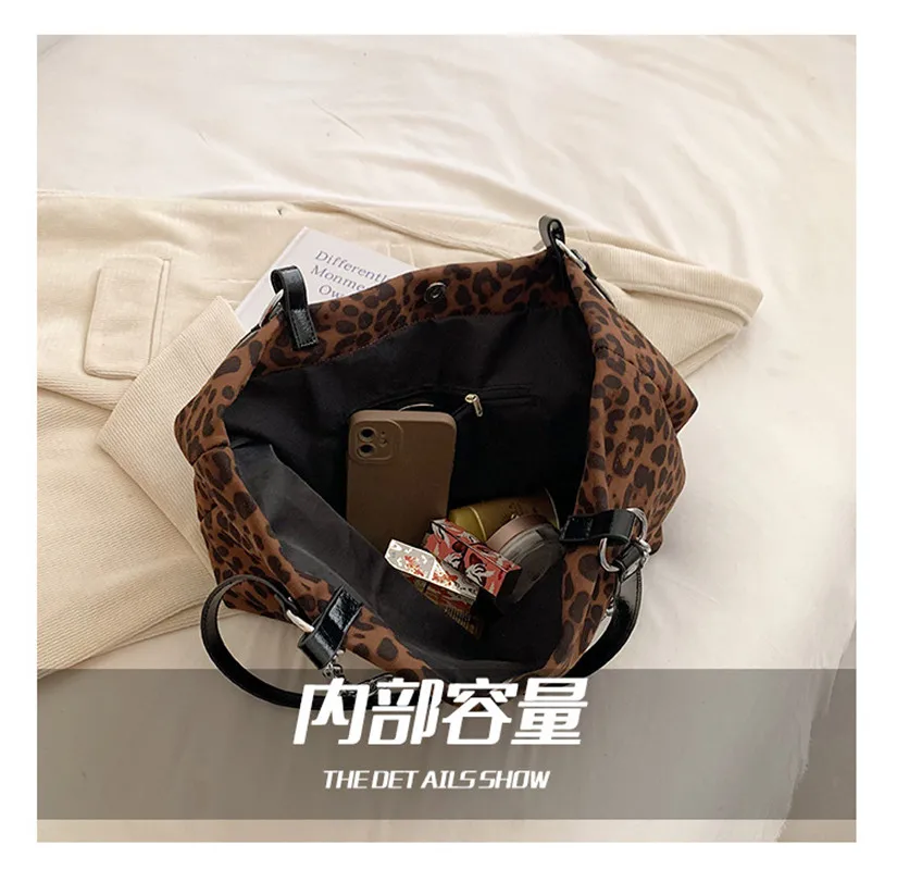 Fashion Leopards Pattern Women Shoulder Bag PU Canvas Casual Shopping Shoppers Bag Large Capacity Ladies Handbags Travel Totes
