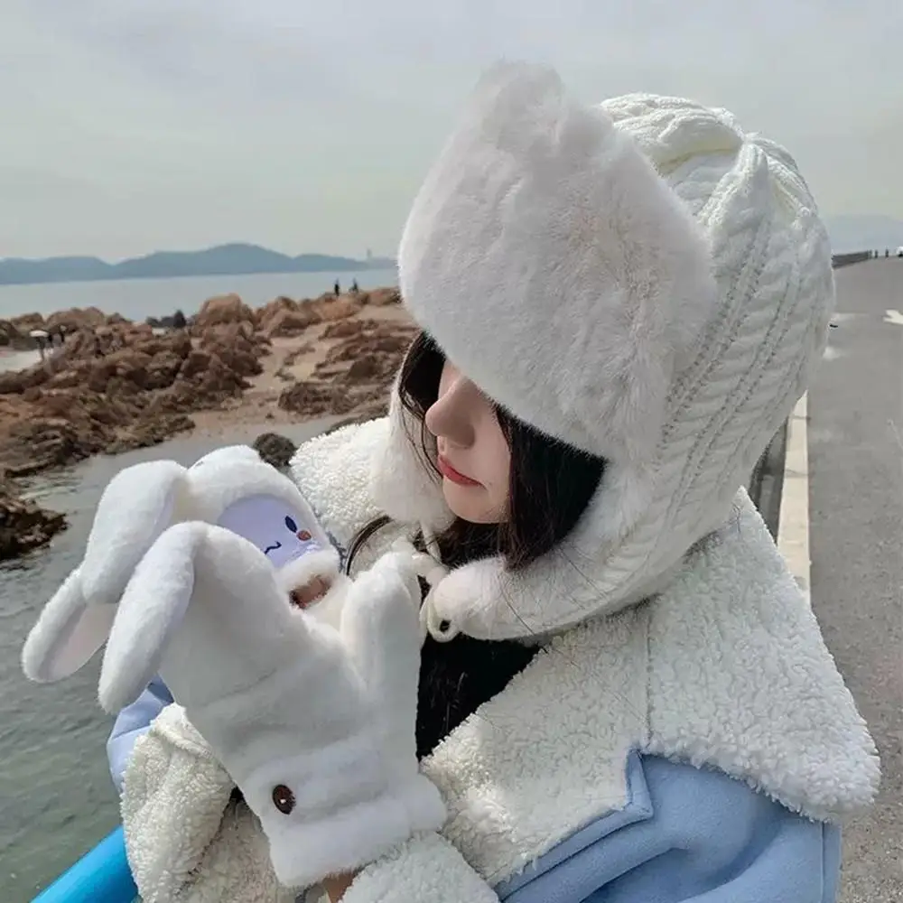 New Thicken Faux Fur Knit Hat Winter Warm Ear Protection Bomber Hat Outdoor Russian Windproof Anti-cold Furry Earflap Skiing Hat