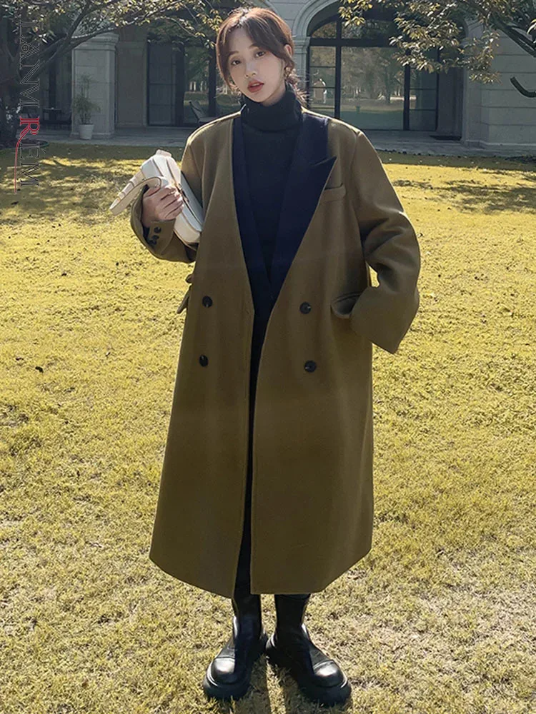 

LANMREM Office Lady Long Coat Women Notched Collar Contrast Color Double Breasted Clothing Fashion 2023 Winter New 2AA3538
