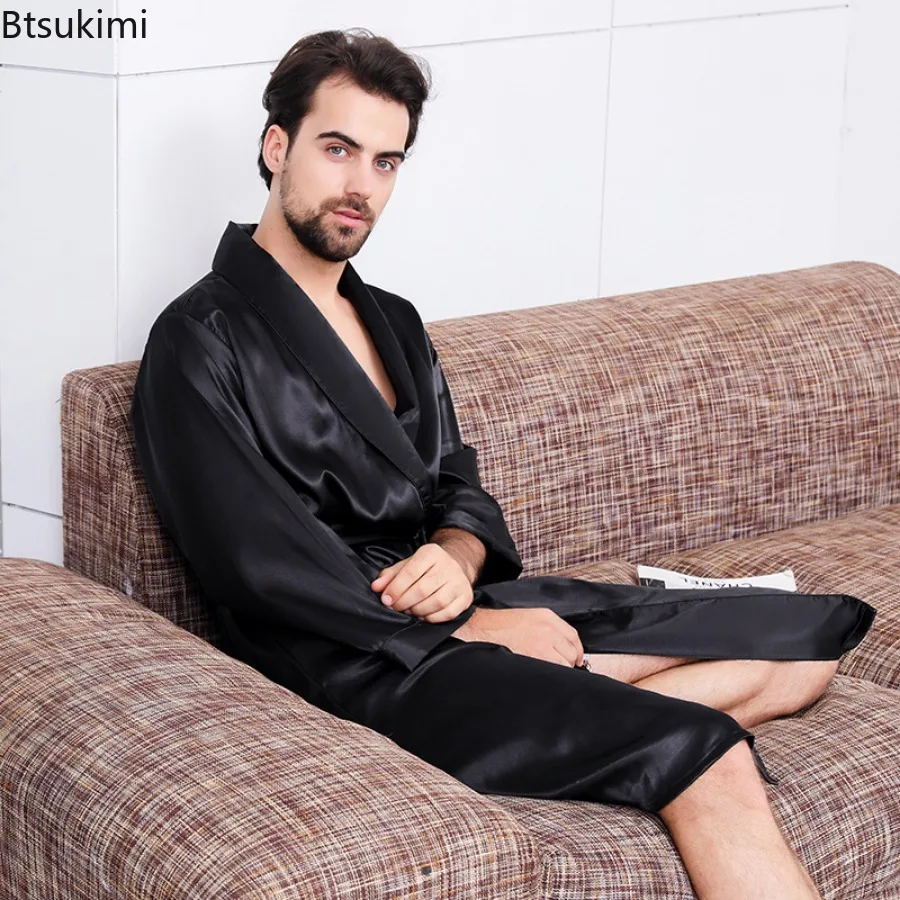 2024 New Men's Thin Pajamas Robes Bathrobe Black Lounge Silk Satin Nightwear for Men Comfort Noble Dressing Gown Male Homewear