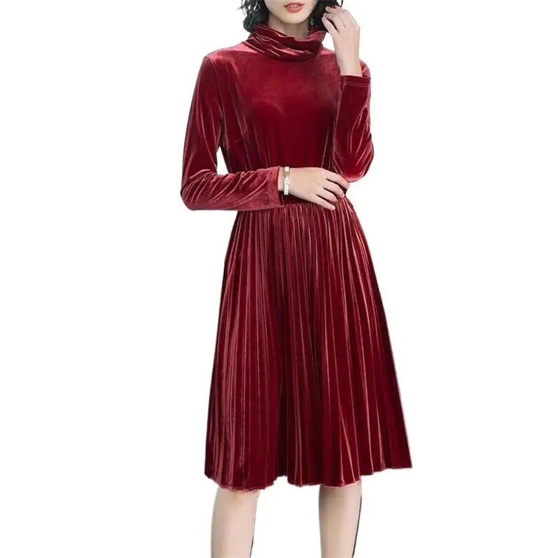 

New 2024 Autumn Winter Gold Velvet Party Events Dress Female Velours Vintage Turtlenck High Waist Pleated Dress -