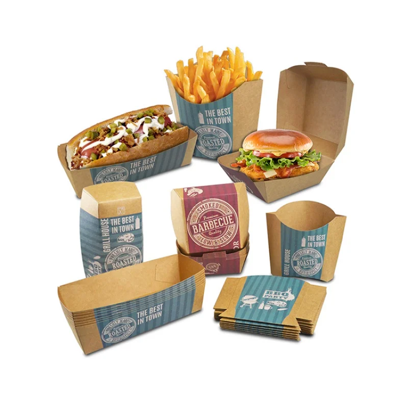 Custom  Custom Printed Eco Friendly Disposable Catering Takeaway Food Packaging Kraft Paper French Fries Burger Hamburger Box custom wholesale burger fast food packing box custom printed food packaging hamburger box