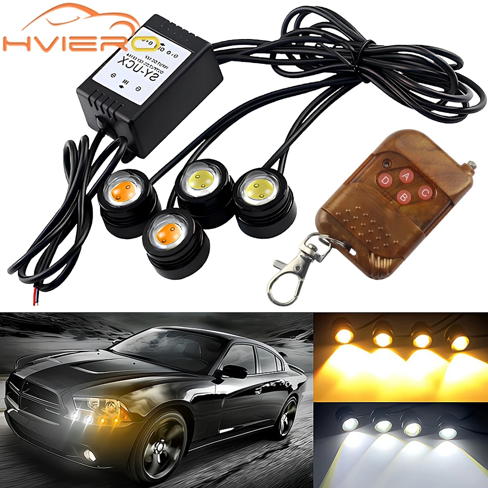 4 in 1 City Light Car LED Network Flash Wireless Remote Control Day Running DRL Eagle Eye One Tow Four 16 Mode Truck Motorcycle