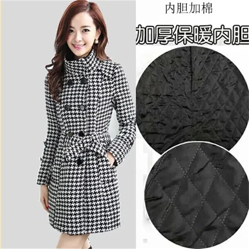 With or Without Cotton Optional Thousand Bird Check Windbreaker Double Breasted Slimming Wool Coat Medium Long Women's Commute X