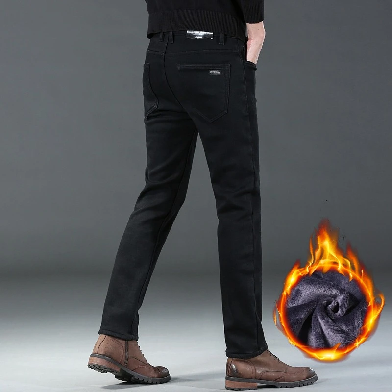 2025 Winter New Style Men's Black Straight Thick Jeans Fashionable Business Velvet Warm Denim Pants Fleece Hot Casual Pants 5