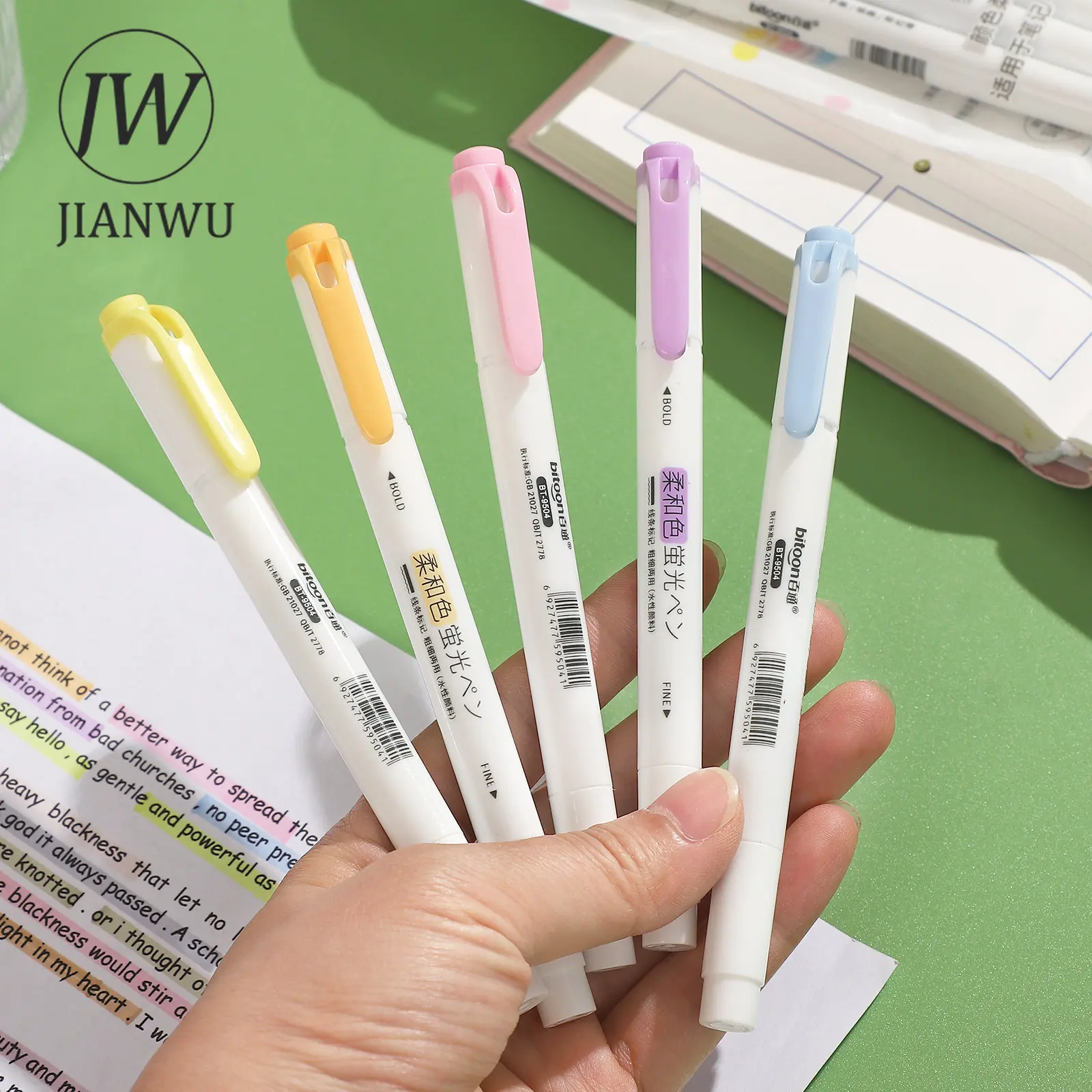 Double-ended Eye Protection Highlighter Set Smooth Writing Multicolor Marker Pen Creative DIY Student Supplies 5 Pcs/set