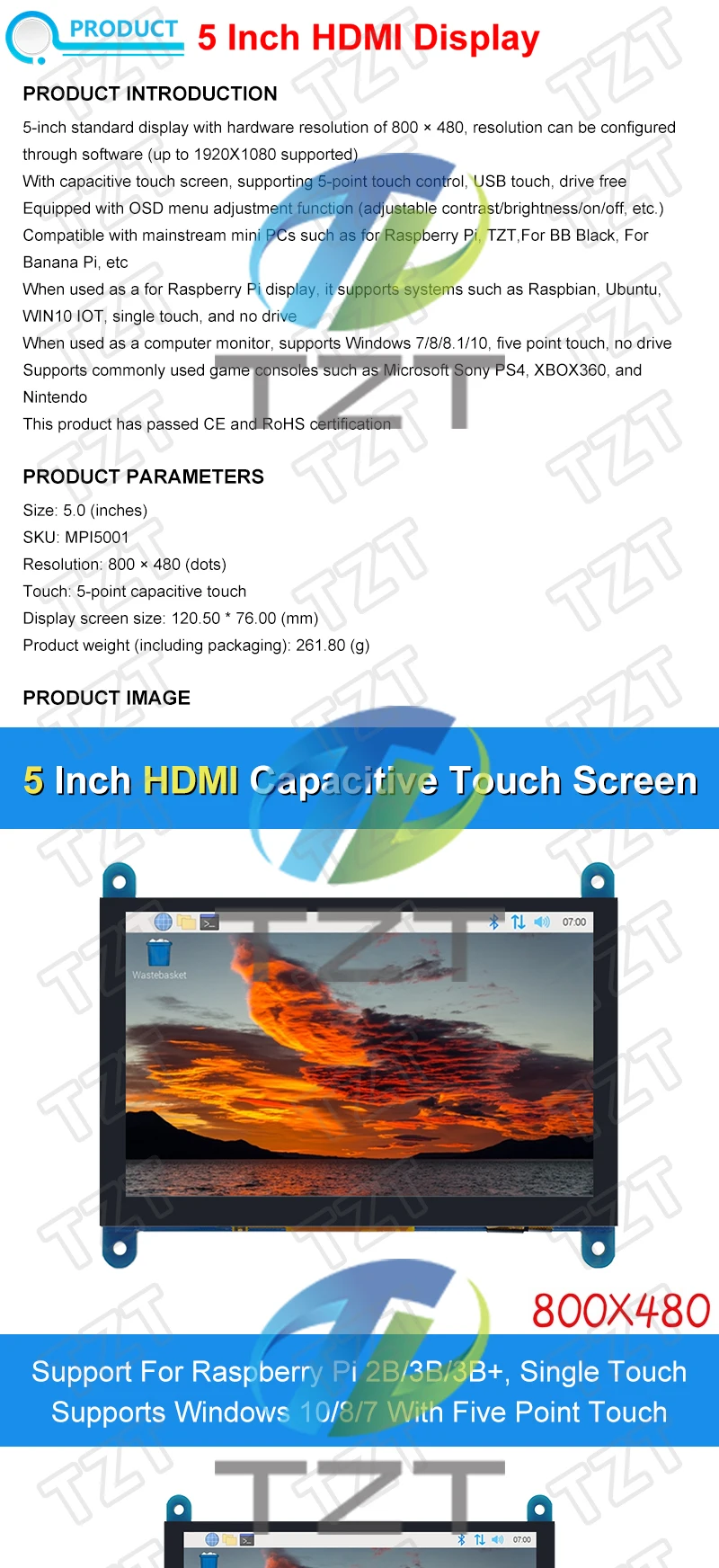 TZT 5 Zoll tragbarer Monitor HDMI 800 x 480 kapazitives Touchscreen-LCD-Display für Raspberry Pi 4 3B+/PC/Banana Pi / ESP32 – Detail 1