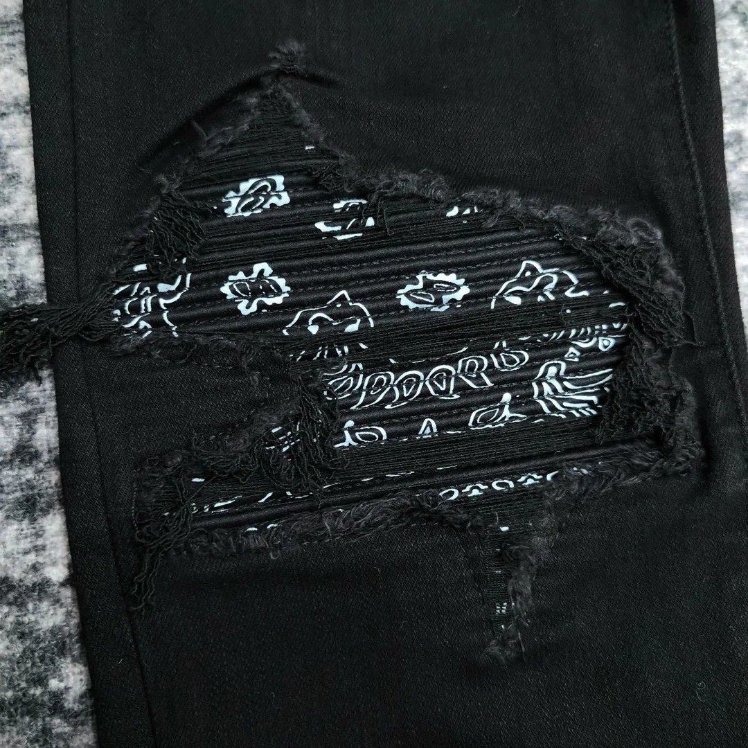 men paisley florals prints leather ribbed patch distressed black jeans 3
