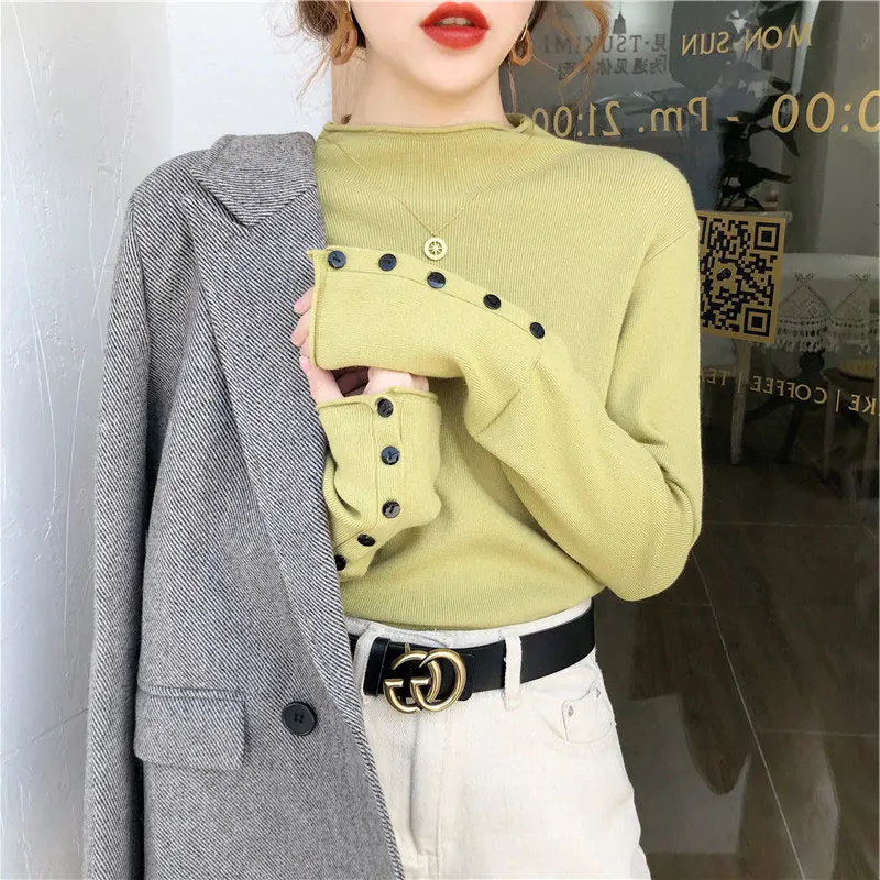 Sweater Women Knitted Pullover 2022 Autumn Winter Thick Sweater Long Sleeve Turtleneck Button Jumper Soft Warm Pull Femme pink sweater Sweaters