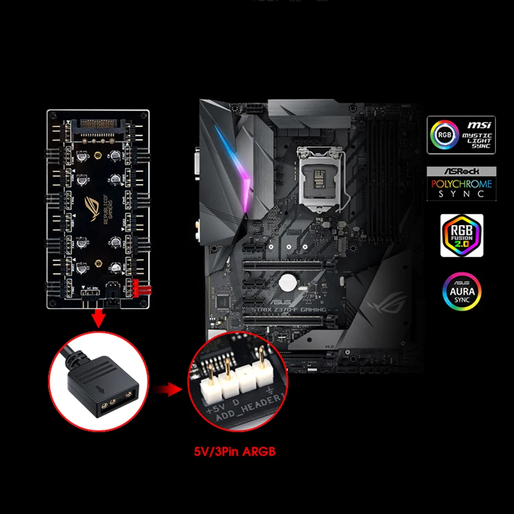 12V/4Pin RGB 5V/3Pin ARGB 팬 PWM 허브 1 8 멀티 웨이 스플리터 오라 팬 쿨러 연장 케이블 어댑터 속도 컨트롤러 어댑터