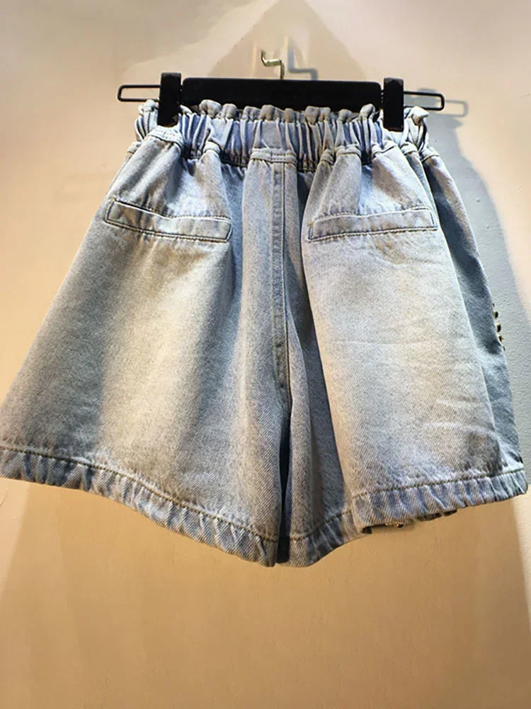 New Women's Denim Shorts Loose Elastic Waist Rivet Colorful Big Sequins Wide Leg Short Jeans 2024 Summer New Fashion 29L1084
