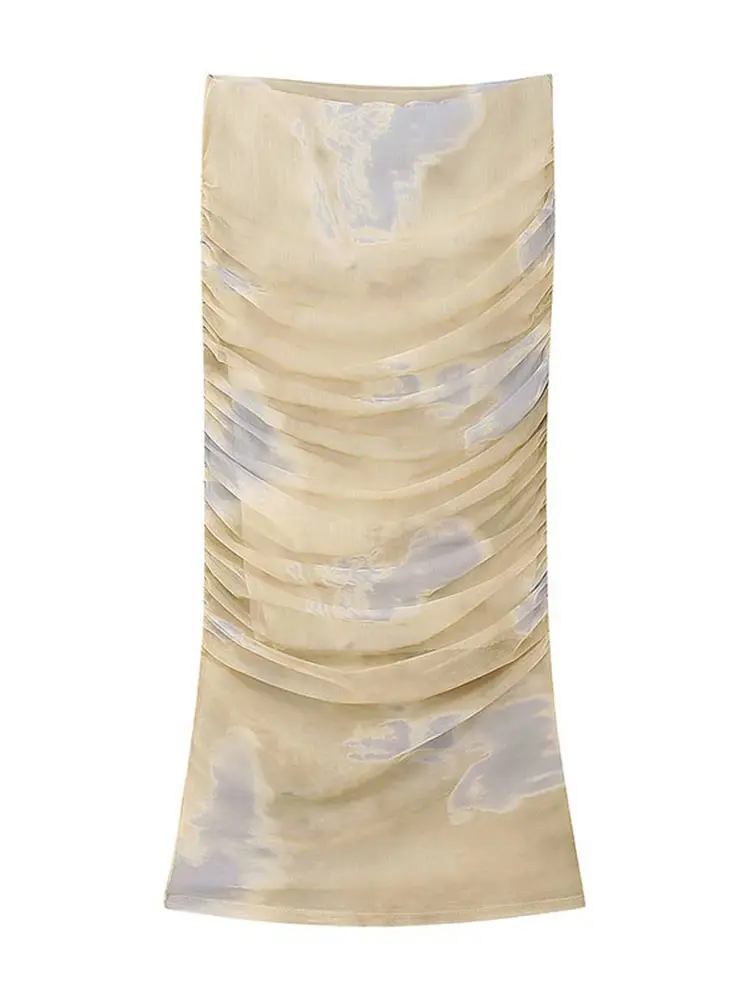 

Chic Tulle Printed Women's Two Piece Set Sexy Slash Necked Top Pleated Long Skirt Suit 2023 Summer Fashion Female Elegant Outfit