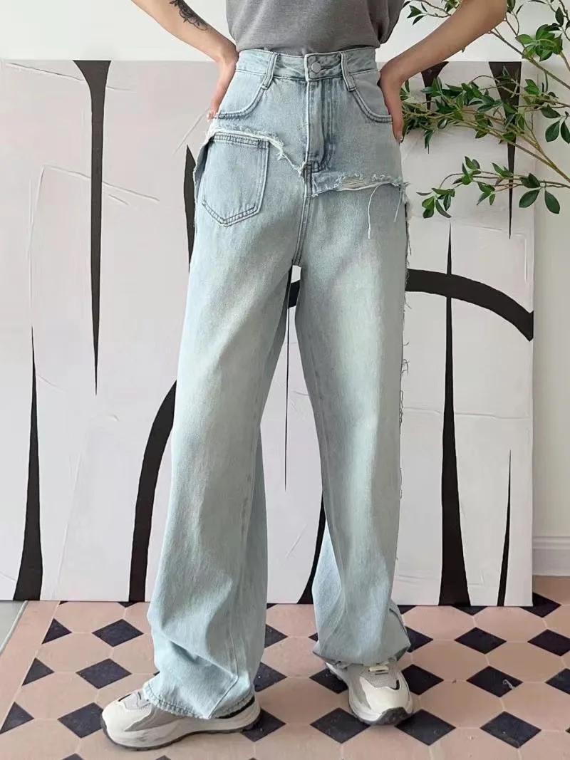 Women Retro Wash Straight High Waist Jean Trousers Baggy Ripped Tassel Design Denim Pants Female American Style Streetwear 2024