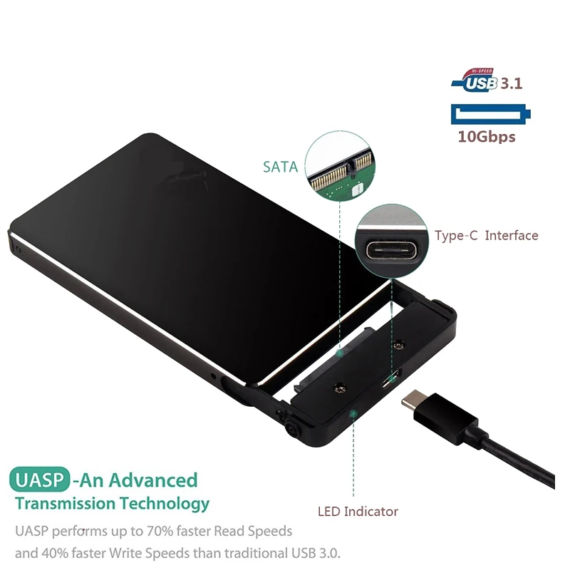 Aluminum Screwless USB-C to SATA External 2.5 inch HDD Enclosure SSD disk case for laptop/Mac/PC HDD Hard Disk Case
